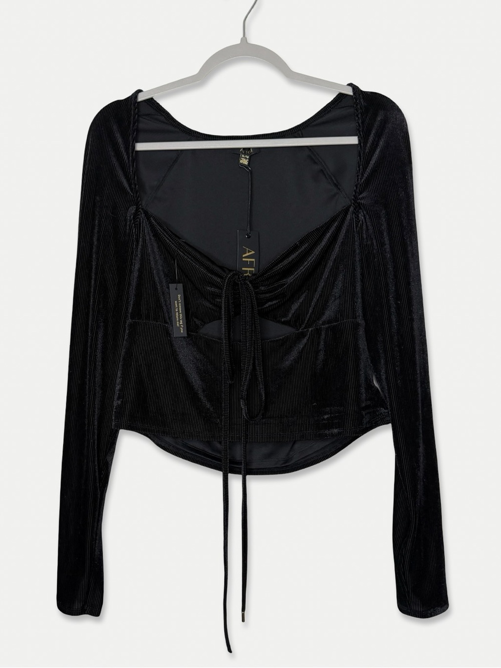 AFRM Black Velvet Corset Style Tie Front Long Sleeve Top XL